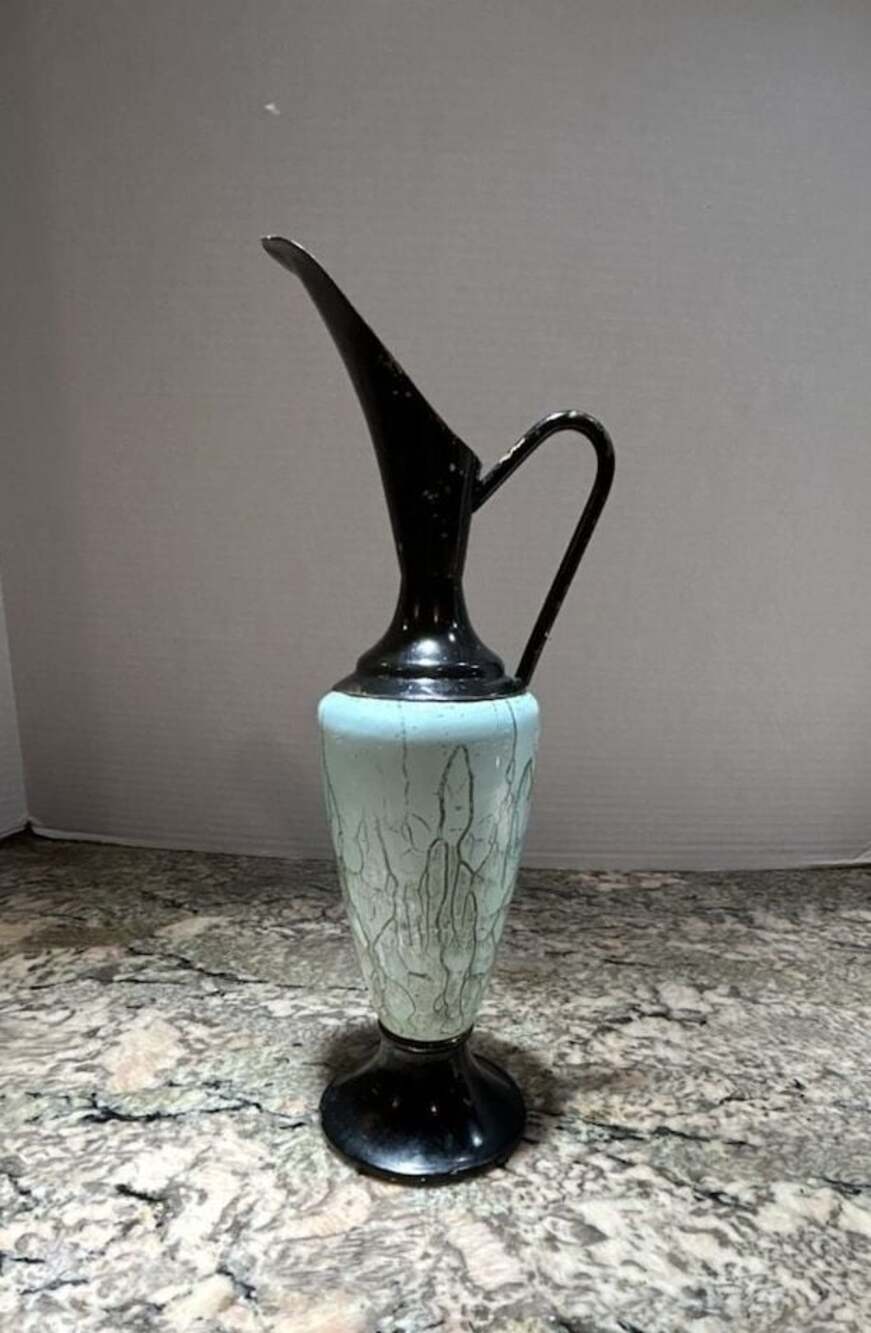 Vintage Delft Marbleized Ceramic Ewer Pitcher with Brass Trim Hand Painted